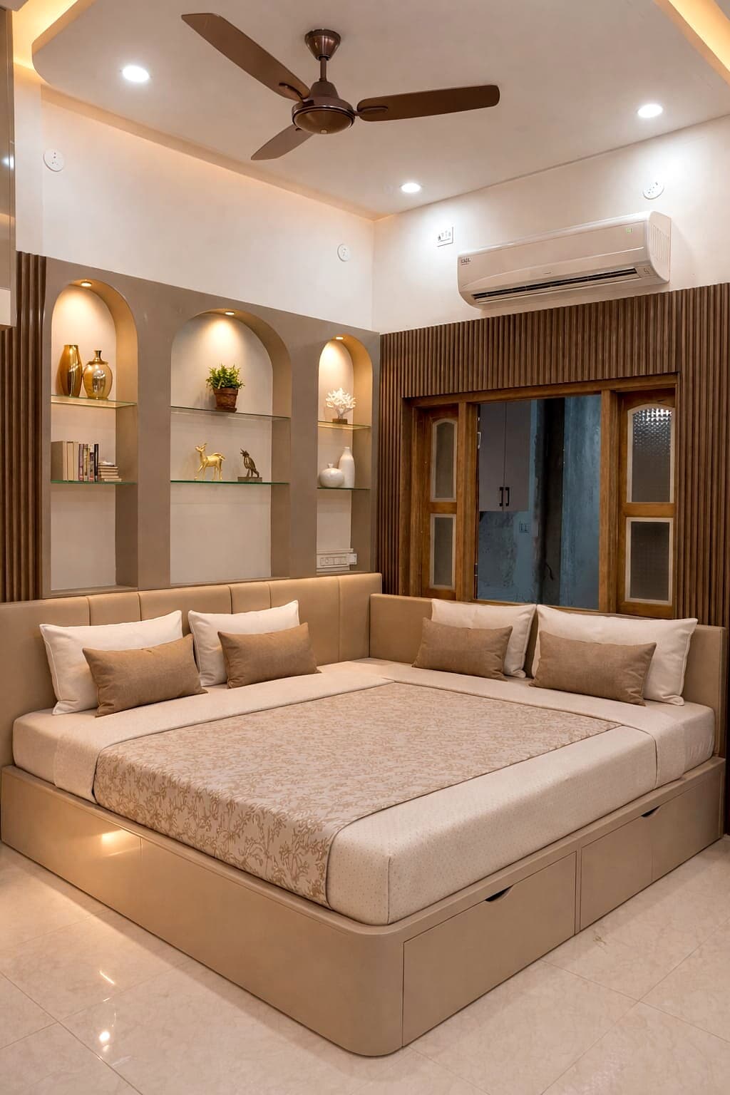 Modern bedroom with bed, display niches, wood paneling, and cove lighting