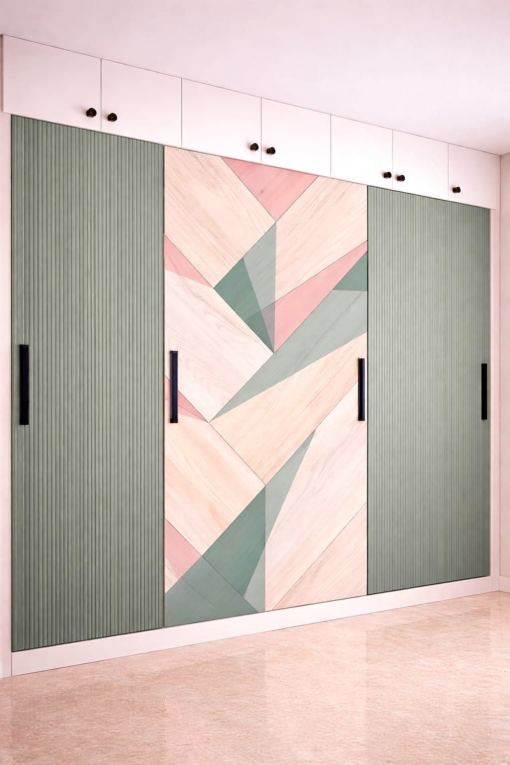 Sliding wardrobe with geometric pastel laminate panels