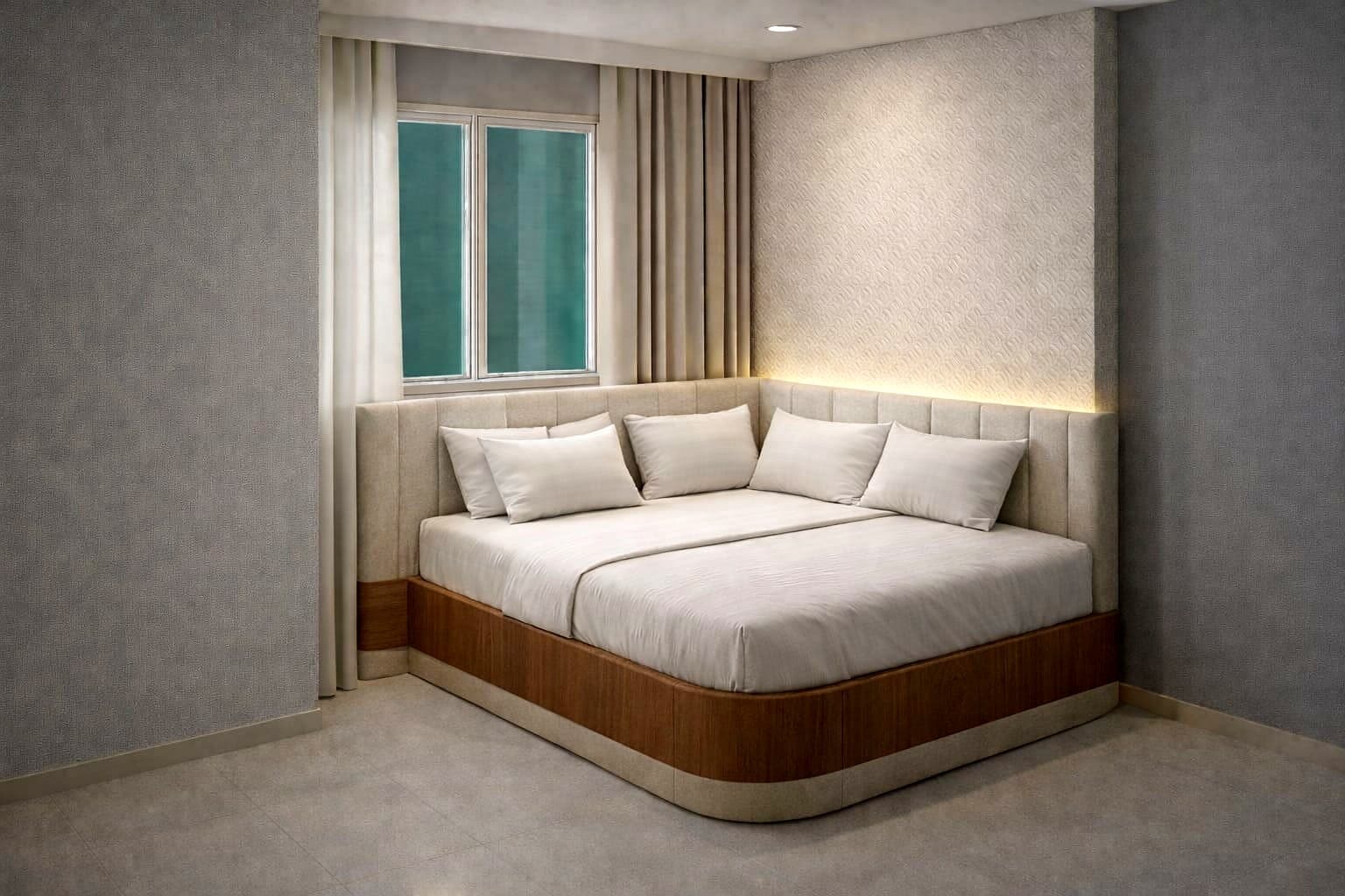 Low platform bed with integrated headboard below a window
