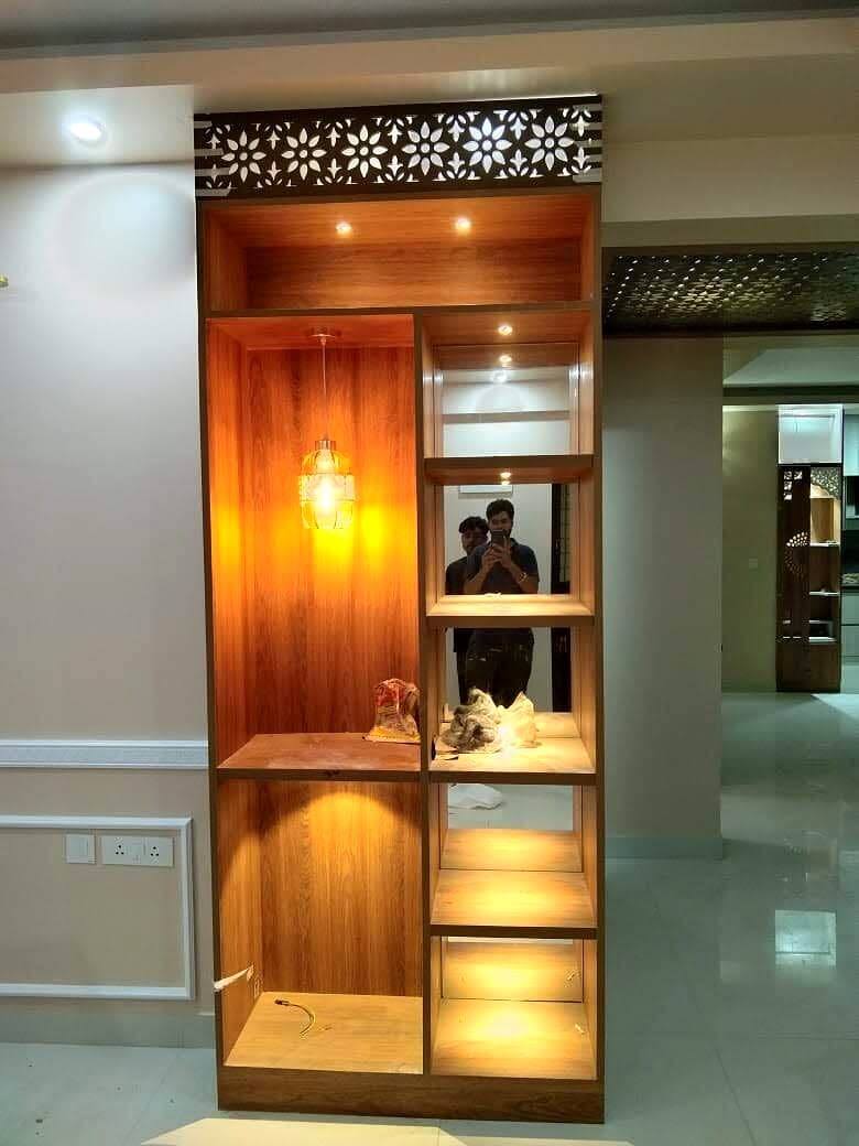 Wooden lit display shelf column for foyer or pooja zone